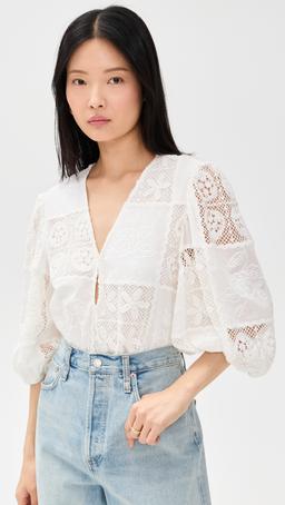 Off-White Rosy Eyelet Puffy Sleeve Thong Bodysuit