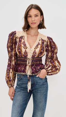 Embroidered Tapestry Sand Long Sleeve Blouse