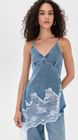 Asymmetric Lace Hem Denim Top