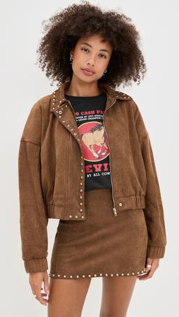 Stud Detail Zipper Front Faux Suede Jacket