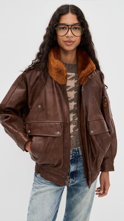 Leather Flight Jacket with Shearling Collar