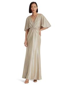 Lauren Ralph Lauren Women's Foil-Print Jersey Cape Gown Birch Tan/Gold Foil, 14