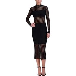 BCBGMAXAZRIA Women's Long Sleeve Mock Neck Sheer Stripe Midi Dress, Black