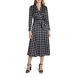 Tahari ASL Women's Long Sleeve Surplus Tie Waist Shirt Dress, Black Windowpane, 2
