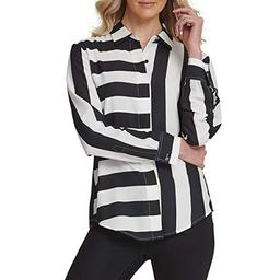DKNY SPORTSWEAR womens Collared Business Casual, Loose Woven Blouse Long sleeve top, Black Ivory, Medium US