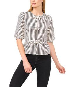 CeCe Women's Short Sleeve Bow Front Peplum Top, Classic Navy