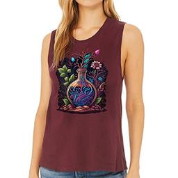 Bottle of Elixir Print Women's Muscle Tank - Beautiful Tank Top - Floral Workout Tank - Maroon, M
