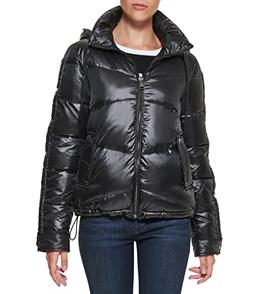 Karl Lagerfeld Paris Women's Short Puffer, HIGH Shine Black, Large