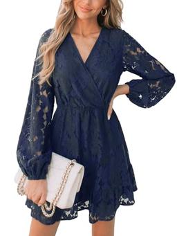 CUPSHE Women Elegant V Neck Lace Peasant Sleeves High Waist A-Lined Wedding Mini Dress Blue, XL