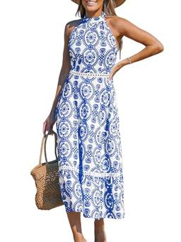 CUPSHE Women's Midi Dress Halter Paisley Sleeveless Cutout Waist Long Beach Boho Summer Dress Blue Paisley, S