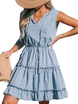 CUPSHE Women's Split V Neck Ruffled Sleeveless Denim Skirt Summer Mini Dress Light Blue, L