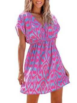 CUPSHE Women Swimsuit Cover Ups Short Sleeve Beach Dress Elastic Waist Geometric Boho Sundress Purple Large