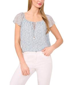 CeCe Women's Printed Round Neckline Flutter SLV Top, Blue Pearl