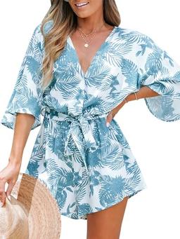 CUPSHE Women's Tropical Floral Leaf Print Belted Romper Mini Jumpsuit with Flare Sleeves