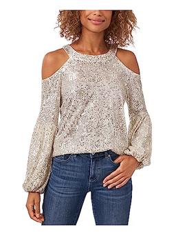 CeCe Cold-Shoulder Sequin Blouse Champagne LG