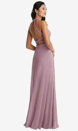 Stand Collar Halter Maxi Dress with Criss Cross Open-Back