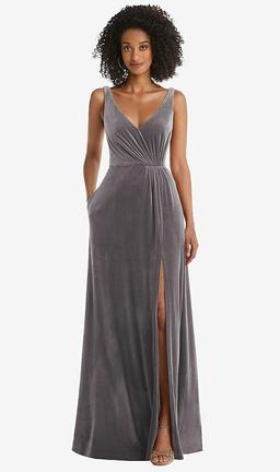 Velvet Maxi Dress with Shirred Bodice and Front Slit