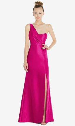 Draped One-Shoulder Satin Trumpet Gown with Front Slit
