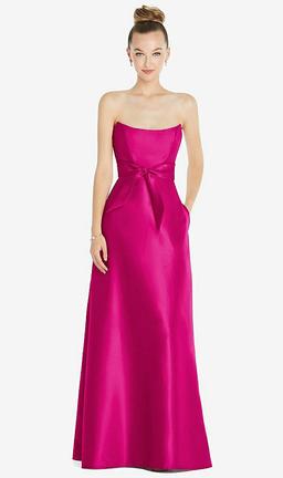 Basque-Neck Strapless Satin Gown with Mini Sash