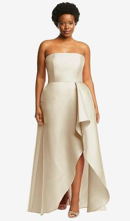 Strapless Satin Gown with Draped Front Slit and Pockets