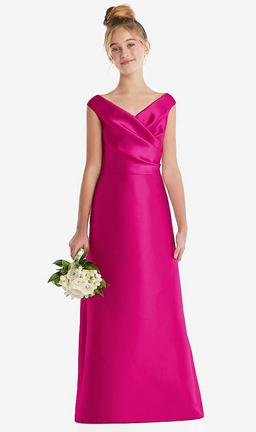 Off-the-Shoulder Draped Wrap Satin Junior Bridesmaid Dress