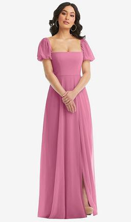 Puff Sleeve Chiffon Maxi Dress with Front Slit