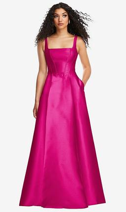 Boned Corset Closed-Back Satin Gown with Full Skirt and Pockets