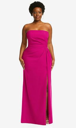 Strapless Pleated Faux Wrap Trumpet Gown with Front Slit