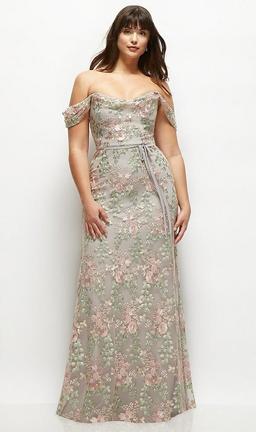 Off-the-Shoulder A-line Floral Embroidered Dress with Skinny Tie Sash