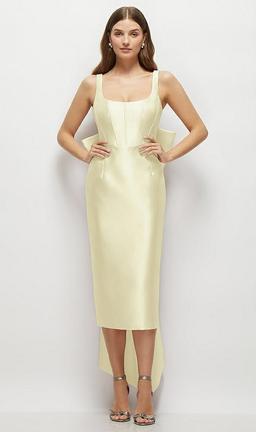 Scoop Neck Corset Satin Midi Dress with Floor-Length Bow Tails
