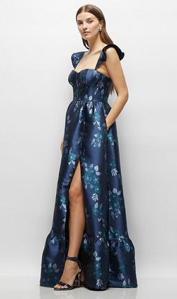 Baroque Rose Damask Floral Corset Maxi Dress with Ruffle Straps & Skirt