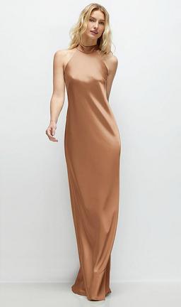 Stand Collar Bias Satin Maxi Dress with Self-Tie Bow Back
