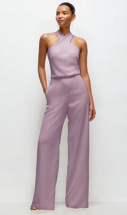 Pleated Halter Blouson Crepe Wedding Jumpsuit with Self-Tie Bow Back