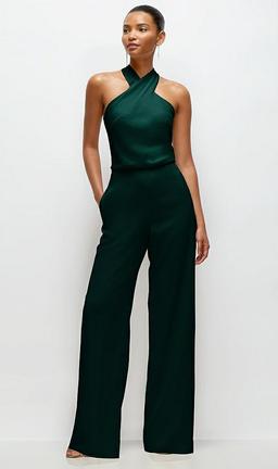 Pleated Halter Blouson Crepe Wedding Jumpsuit with Self-Tie Bow Back