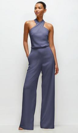 Pleated Halter Blouson Crepe Wedding Jumpsuit with Self-Tie Bow Back