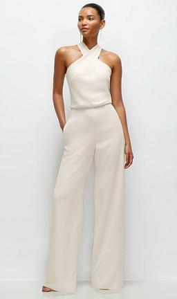 Pleated Halter Blouson Crepe Wedding Jumpsuit with Self-Tie Bow Back