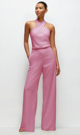 Pleated Halter Blouson Crepe Wedding Jumpsuit with Self-Tie Bow Back