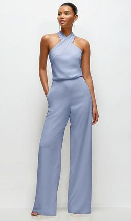 Pleated Halter Blouson Crepe Wedding Jumpsuit with Self-Tie Bow Back