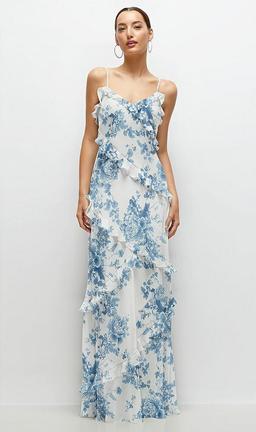 Asymmetrical Ruffle Chiffon Bias Slip Maxi Dress