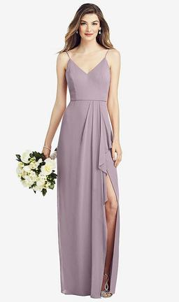 Spaghetti Strap Draped Skirt Gown with Front Slit