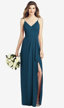 Spaghetti Strap Draped Skirt Gown with Front Slit