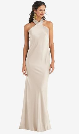 Draped Twist Halter Tie-Back Trumpet Gown