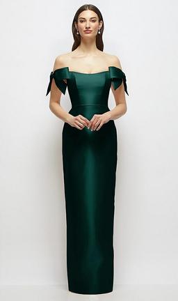 Basque-Neck Satin Column Maxi Dress with Off-the-Shoulder Bows