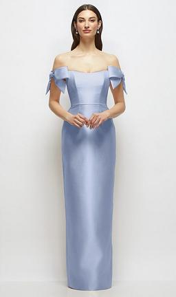 Basque-Neck Satin Column Maxi Dress with Off-the-Shoulder Bows