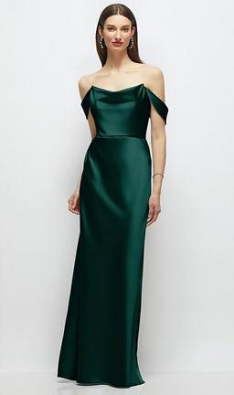Basque-Neck A-Line Stretch Satin Maxi Dress with Off-the-Shoulder Drape