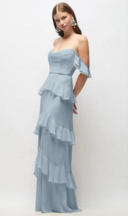 Off-the-Shoulder Cowl Chiffon Tiered Ruffle Maxi Dress with Convertible Ruffle Straps