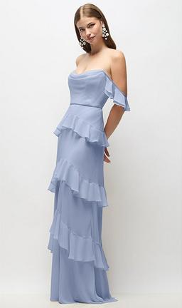Off-the-Shoulder Cowl Chiffon Tiered Ruffle Maxi Dress with Convertible Ruffle Straps