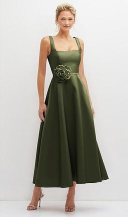 Square Neck Satin Midi Dress with Full Skirt & Flower Sash