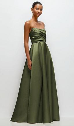 Strapless Draped Cat-Eye Satin Maxi Dress with Full Skirt