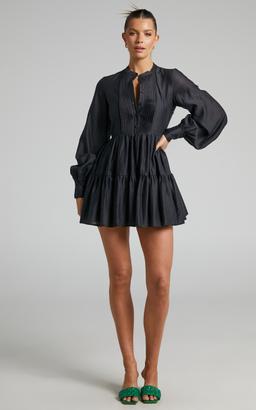 Kyra Mini Dress - Pin Tuck Detail Tiered Shirt Dress in Black